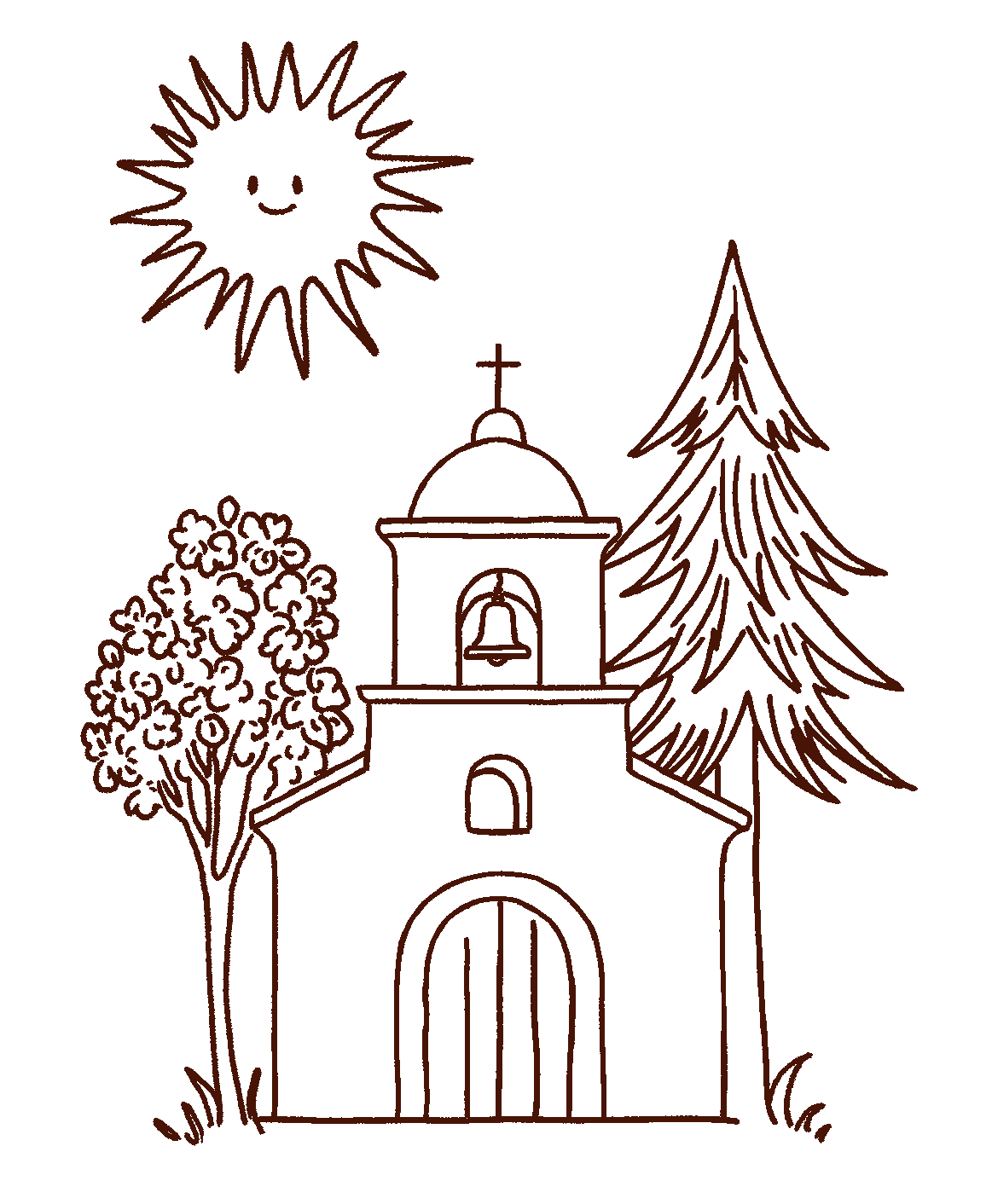 picture of a church under the sun,surrounded by trees